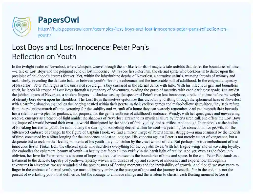 Essay on Lost Boys and Lost Innocence: Peter Pan’s Reflection on Youth