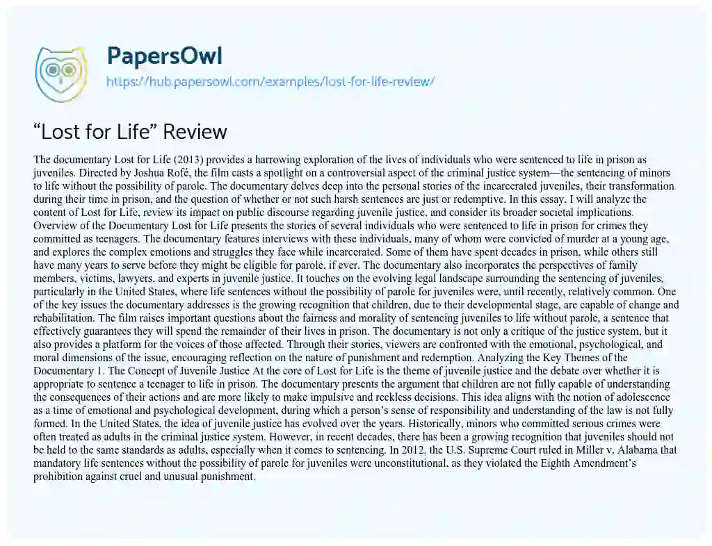 Essay on “Lost for Life” Review