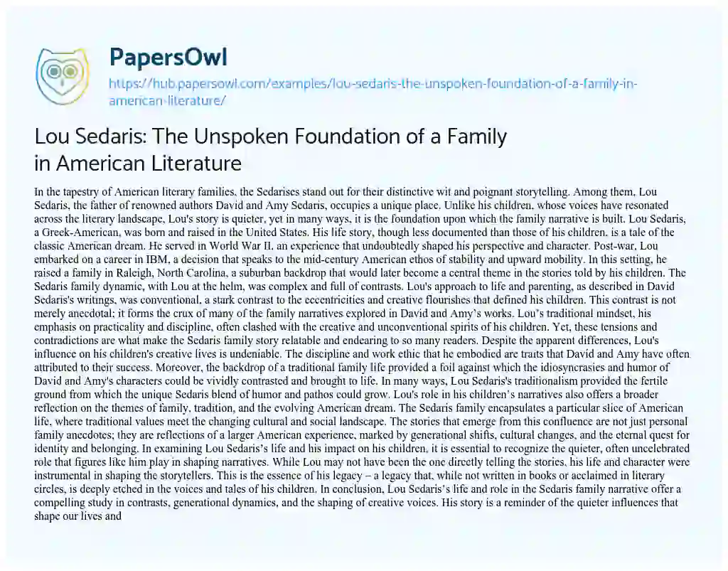 Essay on Lou Sedaris: The Unspoken Foundation of a Family in American Literature