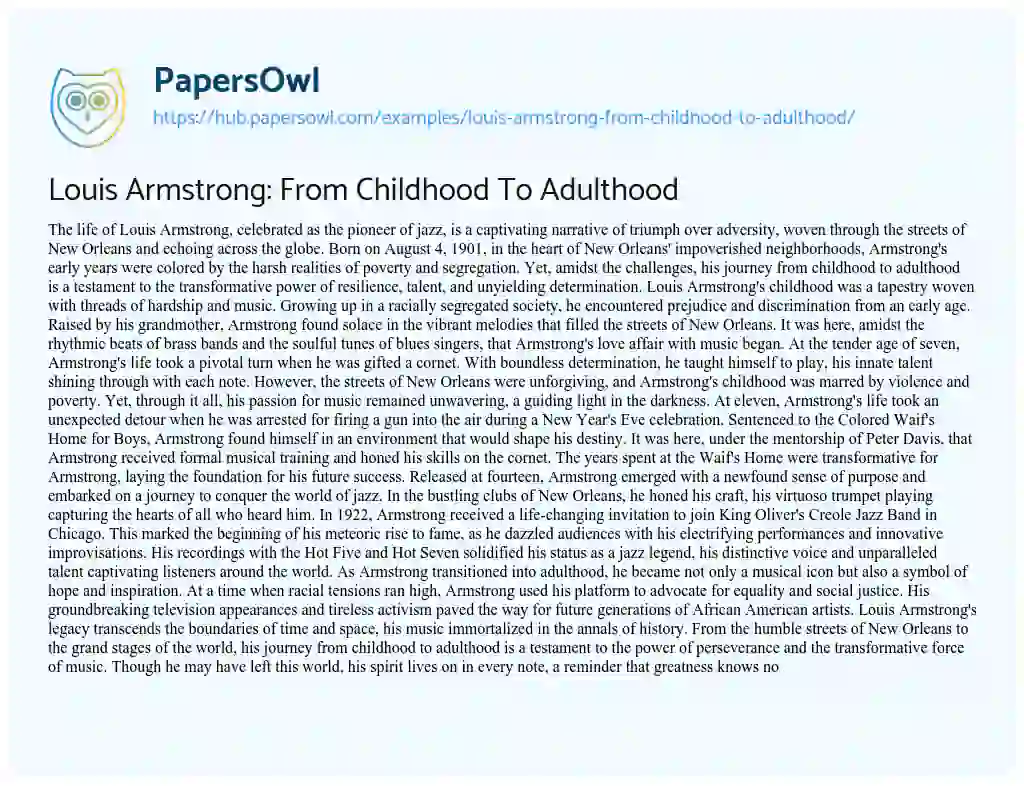Essay on Louis Armstrong: From Childhood To Adulthood