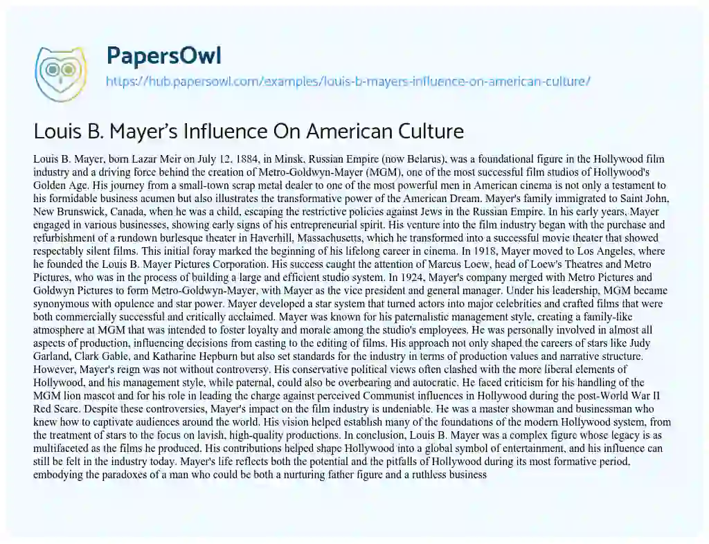 Essay on Louis B. Mayer’s Influence On American Culture