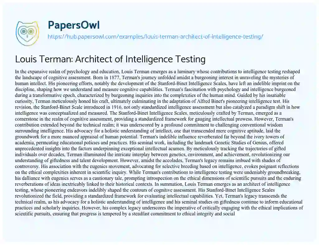 Essay on Louis Terman: Architect of Intelligence Testing