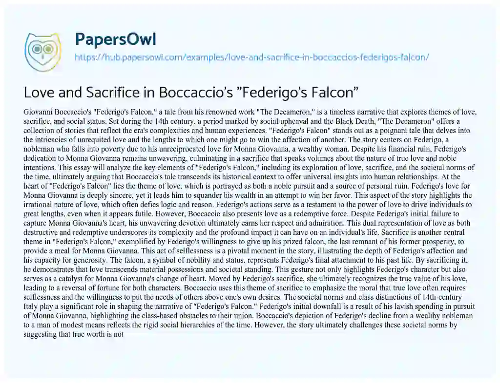 Essay on Love and Sacrifice in Boccaccio’s “Federigo’s Falcon”