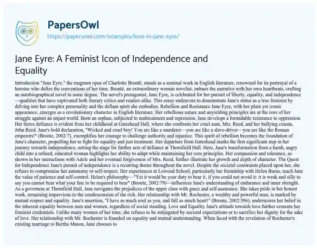 Essay on Jane Eyre: A Feminist Icon of Independence and Equality