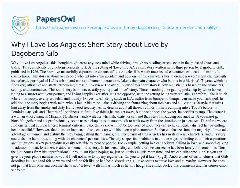 Essay on Why I Love Los Angeles: Short Story about Love by Dagoberto Gilb