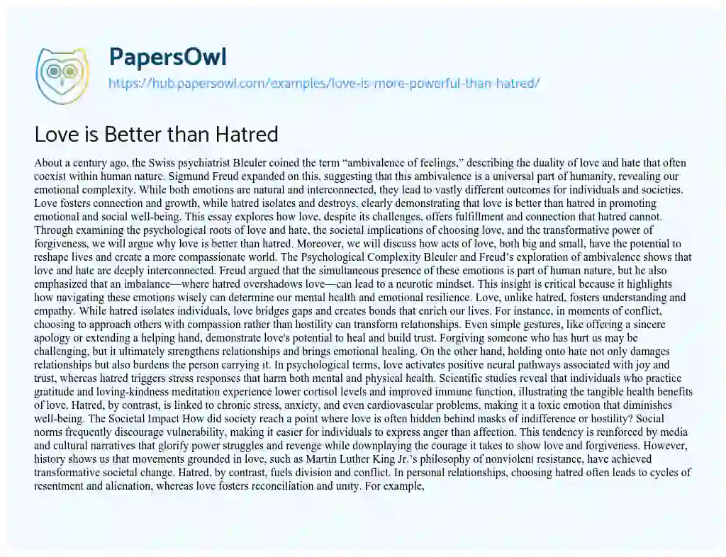 Essay on Love is Better than Hatred