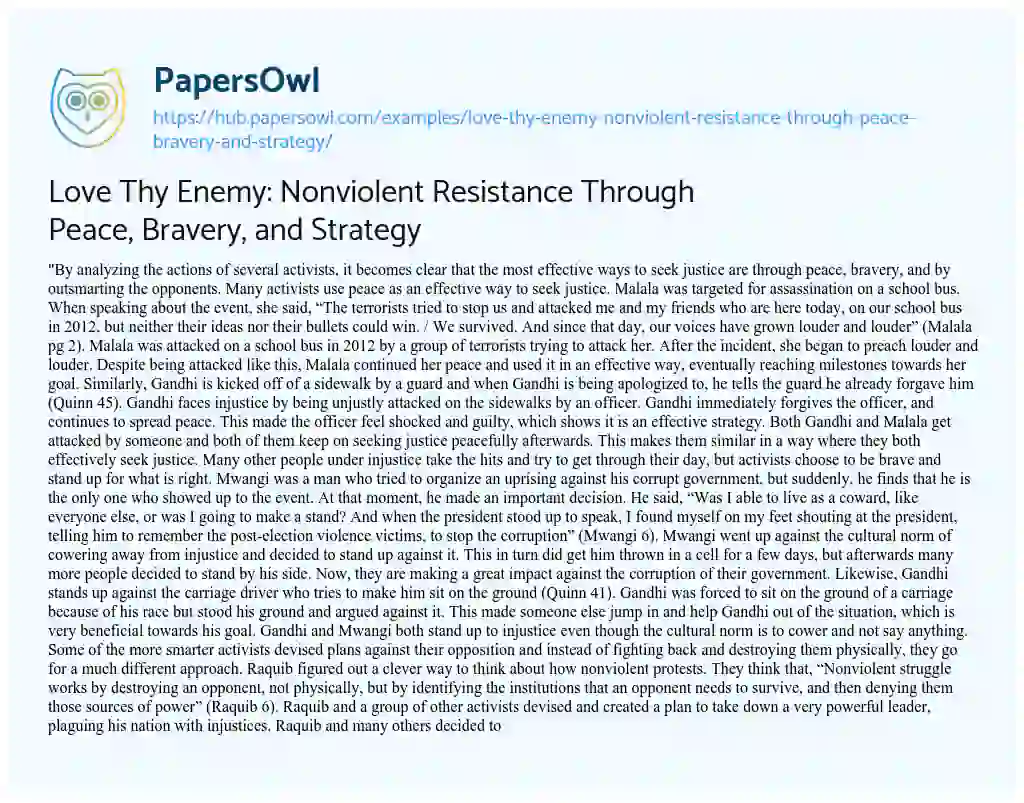 Essay on Love Thy Enemy: Nonviolent Resistance Through Peace, Bravery, and Strategy