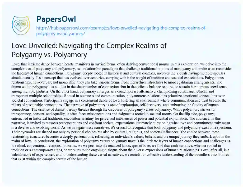 Essay on Love Unveiled: Navigating the Complex Realms of Polygamy vs. Polyamory