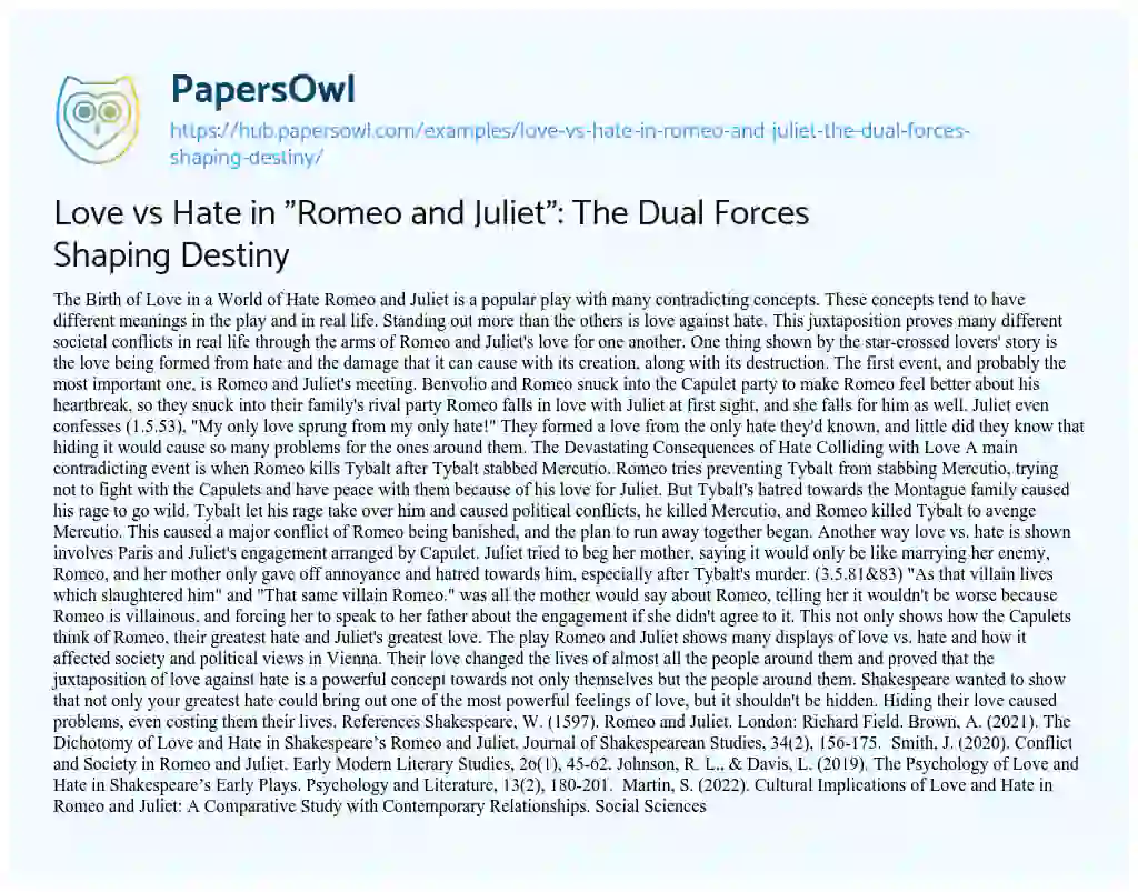 Essay on Love vs Hate in “Romeo and Juliet”: The Dual Forces Shaping Destiny