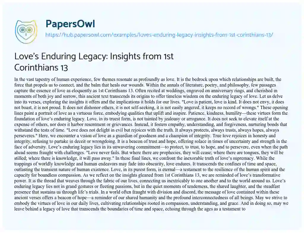 Essay on Love’s Enduring Legacy: Insights from 1st Corinthians 13