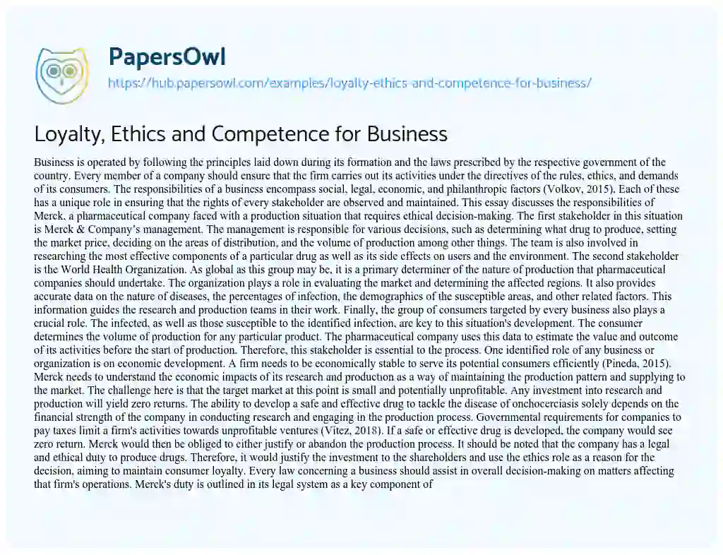 Essay on Loyalty, Ethics and Competence for Business