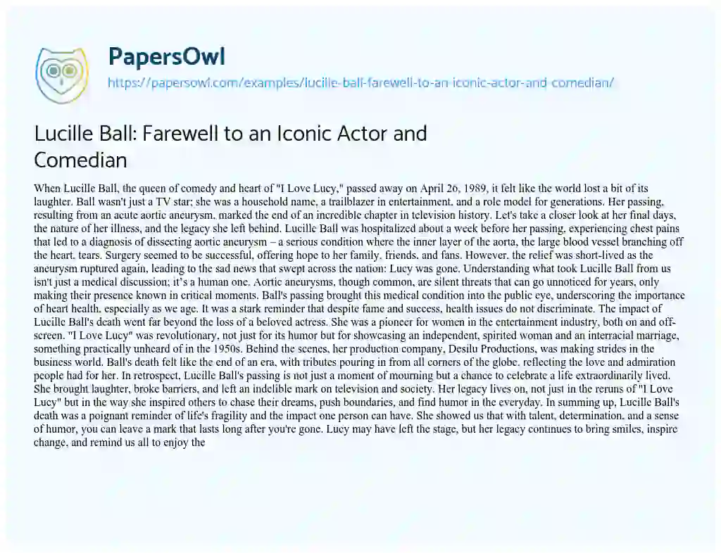 Essay on Lucille Ball: Farewell to an Iconic Actor and Comedian