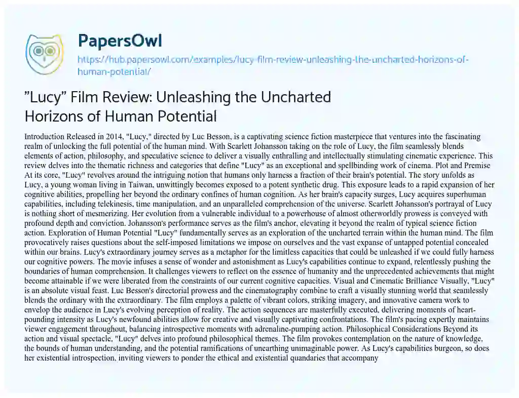 Essay on “Lucy” Film Review: Unleashing the Uncharted Horizons of Human Potential
