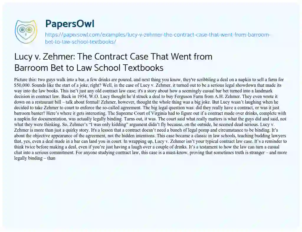 Essay on Lucy v. Zehmer: The Contract Case That Went from Barroom Bet to Law School Textbooks