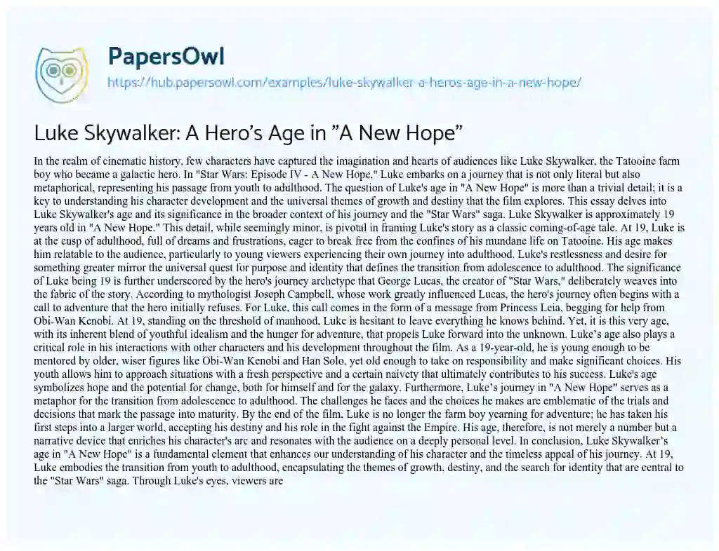 Essay on Luke Skywalker: A Hero’s Age in “A New Hope”