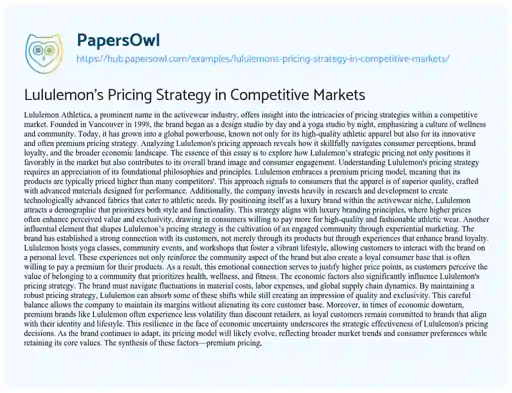 Essay on Lululemon’s Pricing Strategy in Competitive Markets