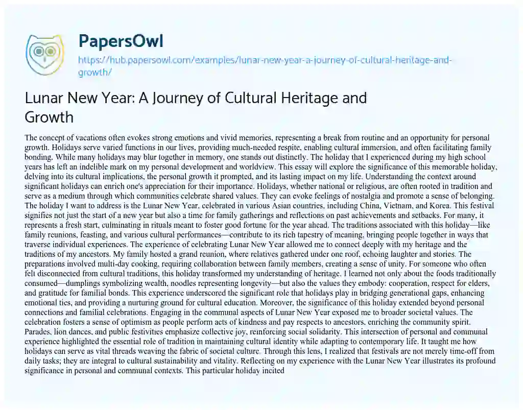 Essay on Lunar New Year: A Journey of Cultural Heritage and Growth