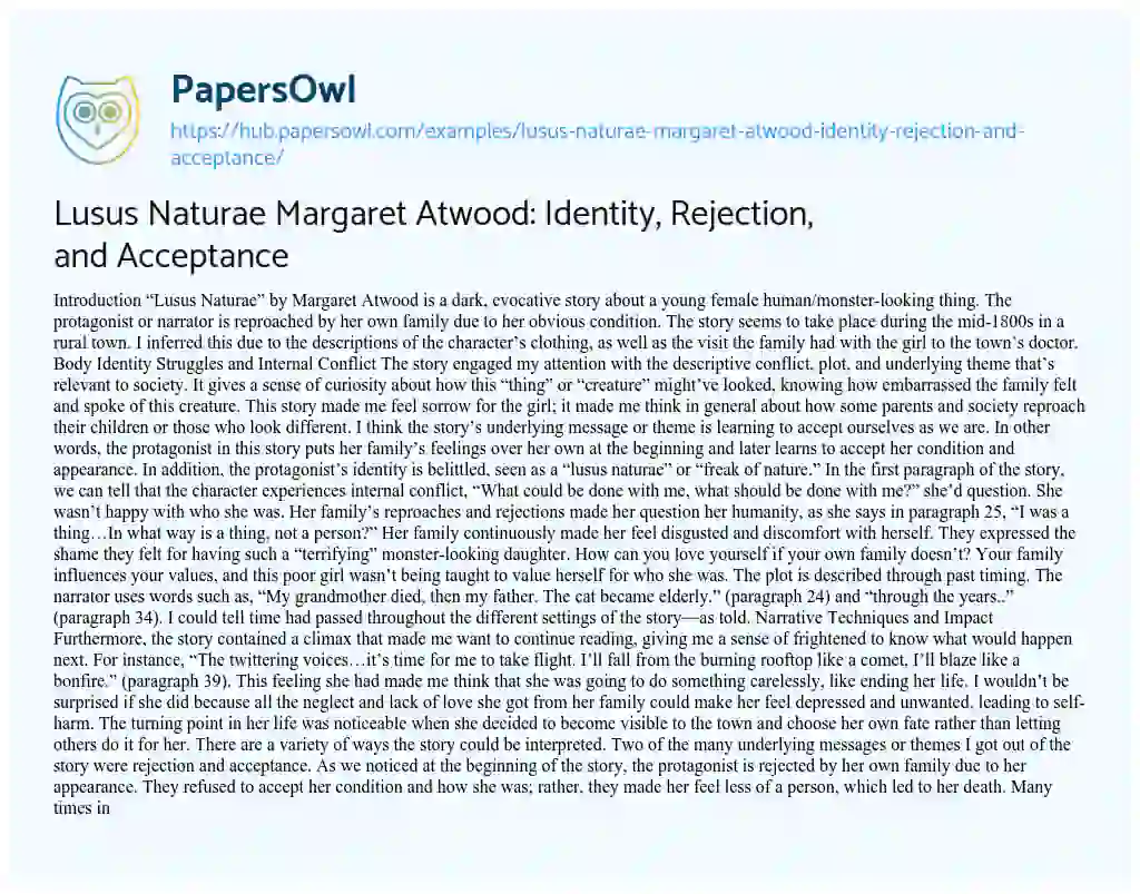 Essay on Lusus Naturae Margaret Atwood: Identity, Rejection, and Acceptance