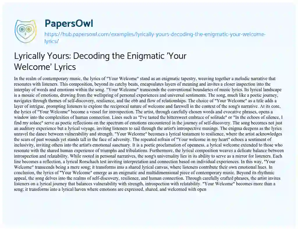 Essay on Lyrically Yours: Decoding the Enigmatic ‘Your Welcome’ Lyrics