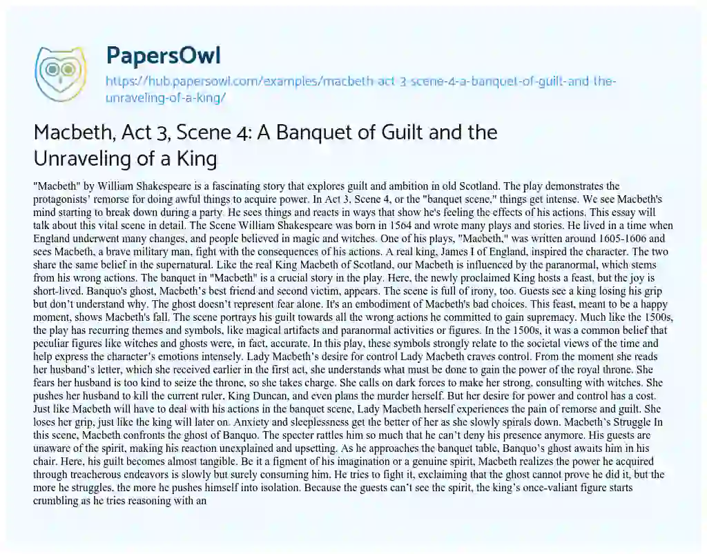Essay on Macbeth, Act 3, Scene 4: A Banquet of Guilt and the Unraveling of a King