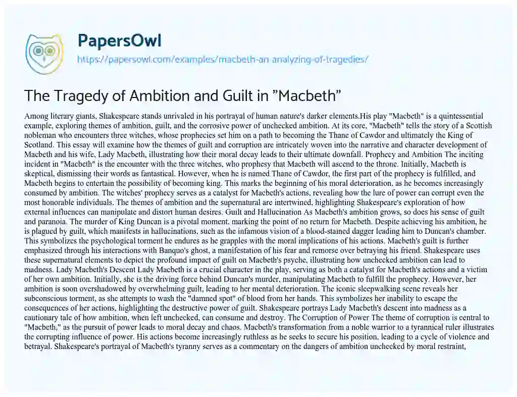 Essay on The Tragedy of Ambition and Guilt in “Macbeth”