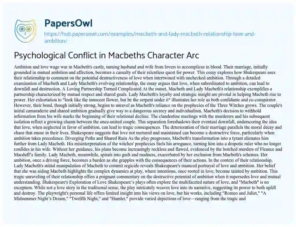Essay on Psychological Conflict in Macbeths Character Arc