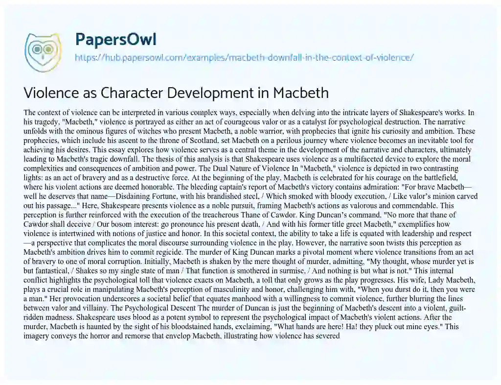 Essay on Violence as Character Development in Macbeth