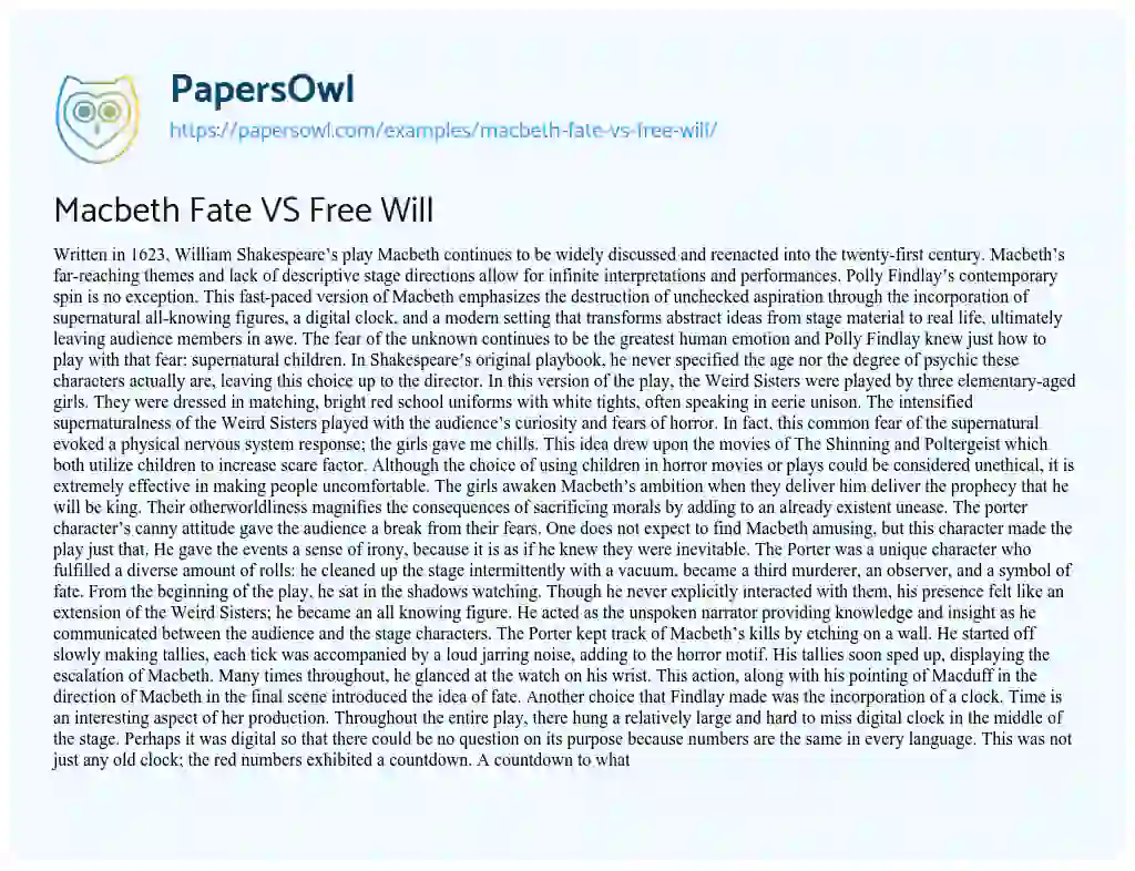 Essay on Macbeth Fate VS Free Will