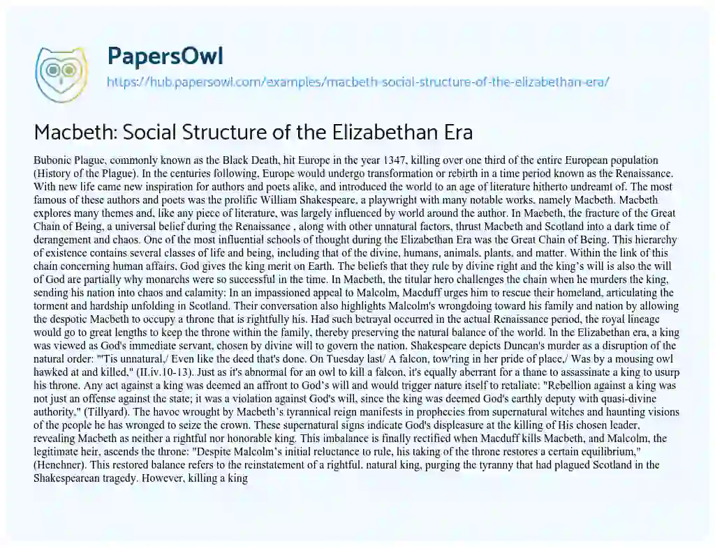 Essay on Macbeth: Social Structure of the Elizabethan Era