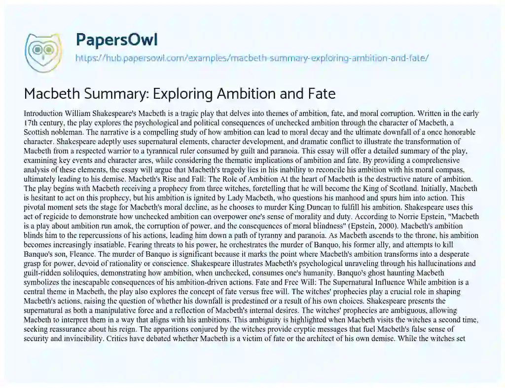 Essay on Macbeth Summary: Exploring Ambition and Fate