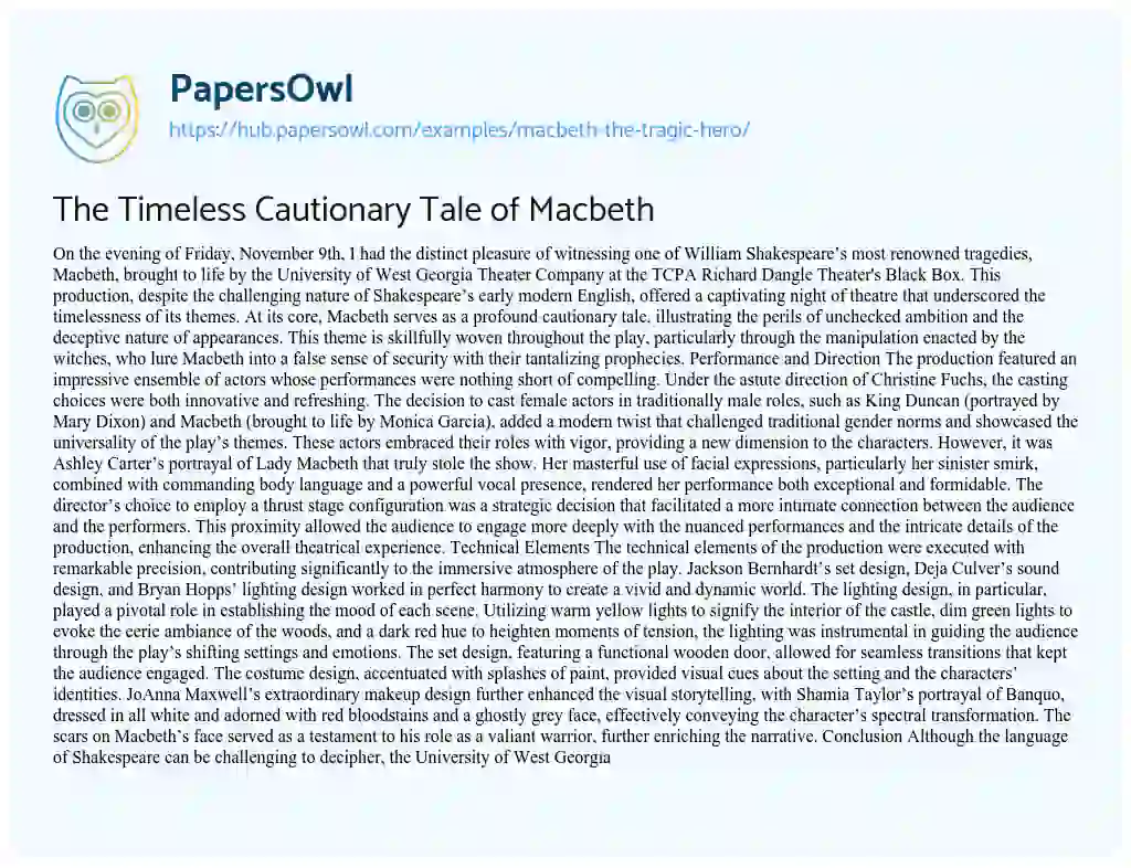 Essay on The Timeless Cautionary Tale of Macbeth