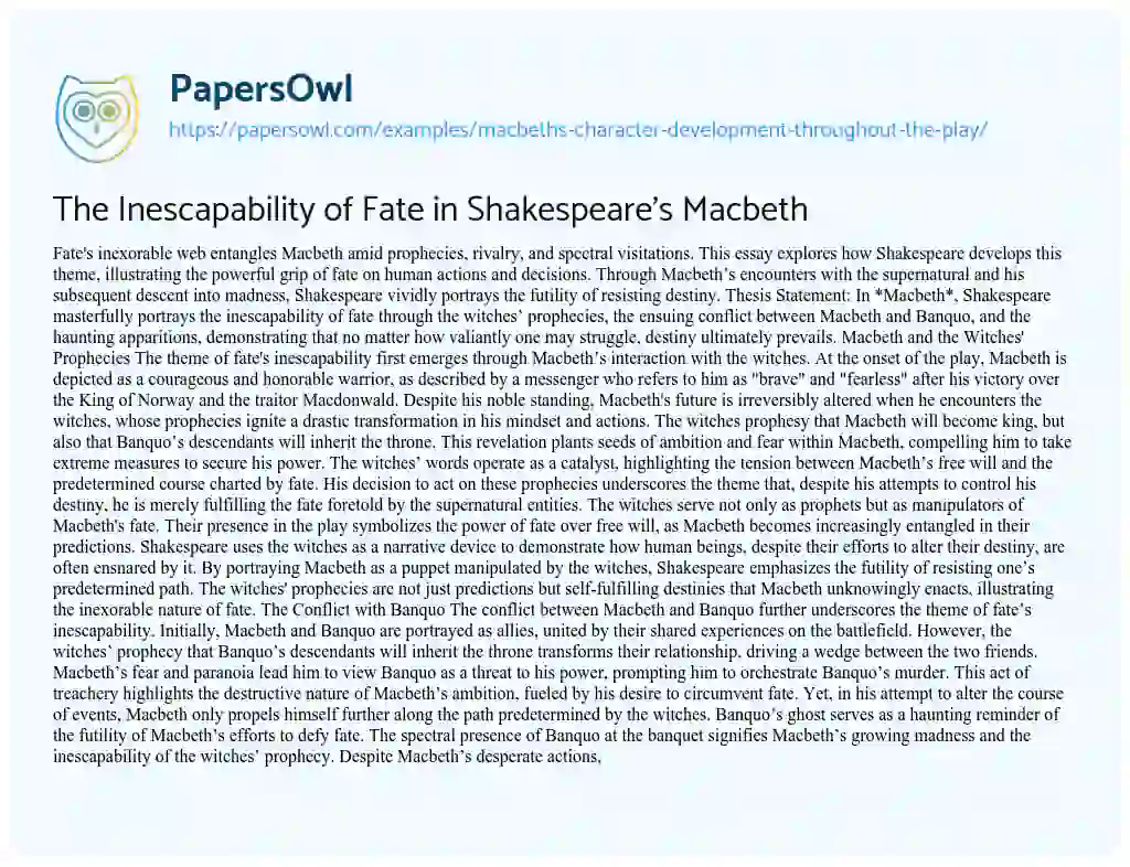 Essay on The Inescapability of Fate in Shakespeare’s Macbeth