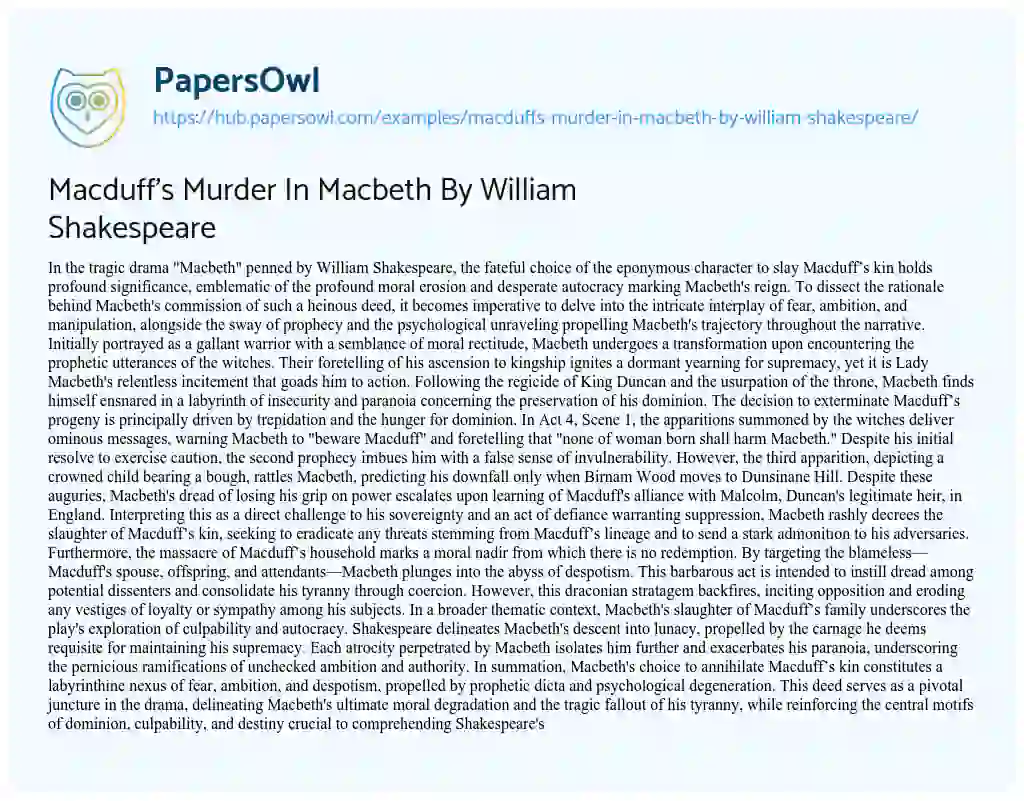 Essay on Macduff’s Murder In Macbeth By William Shakespeare