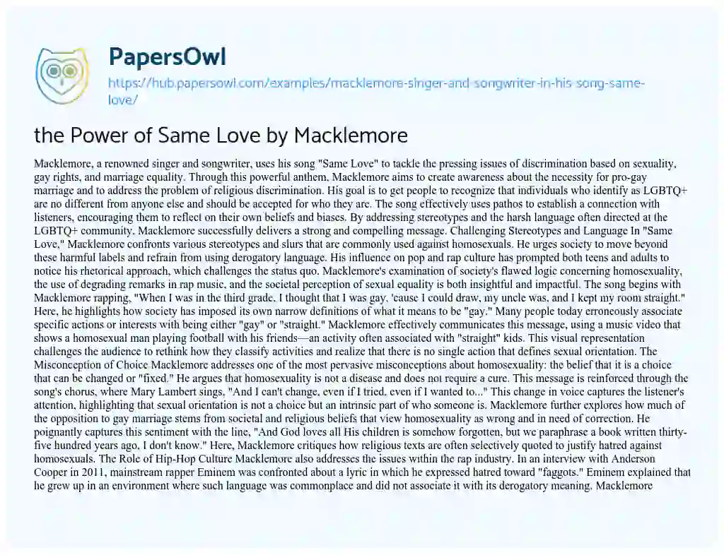 Essay on the Power of Same Love by Macklemore
