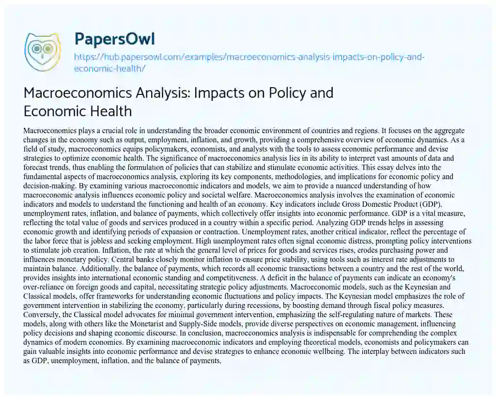 Essay on Macroeconomics Analysis: Impacts on Policy and Economic Health