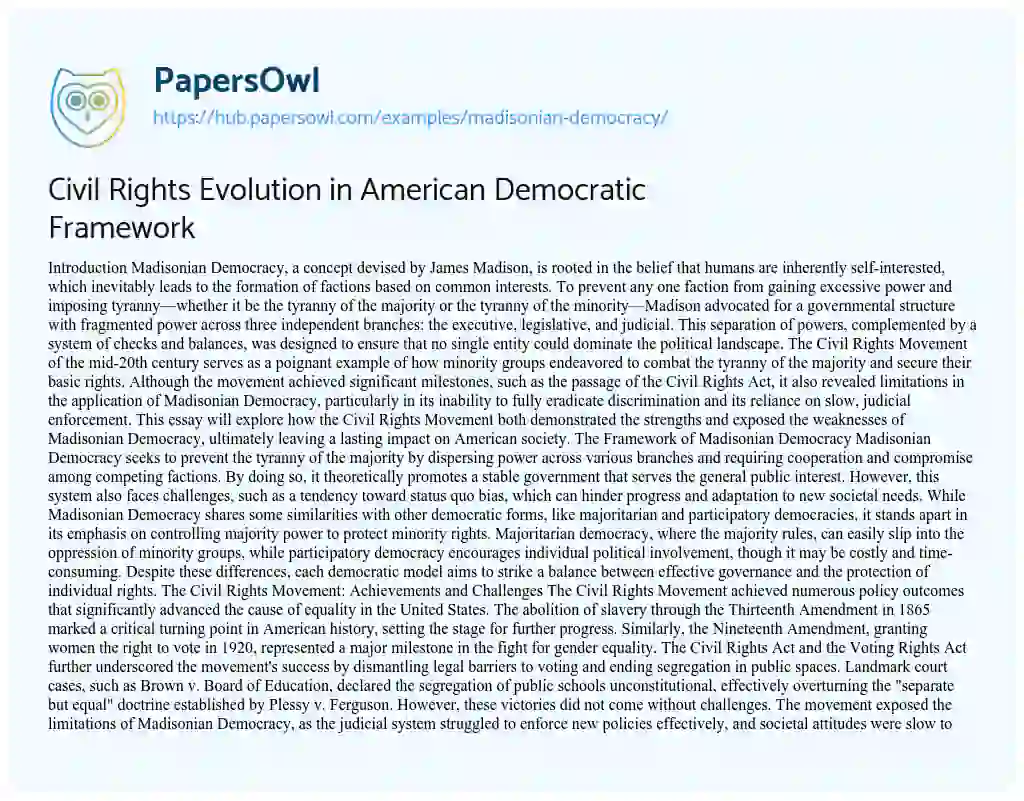 Essay on Civil Rights Evolution in American Democratic Framework