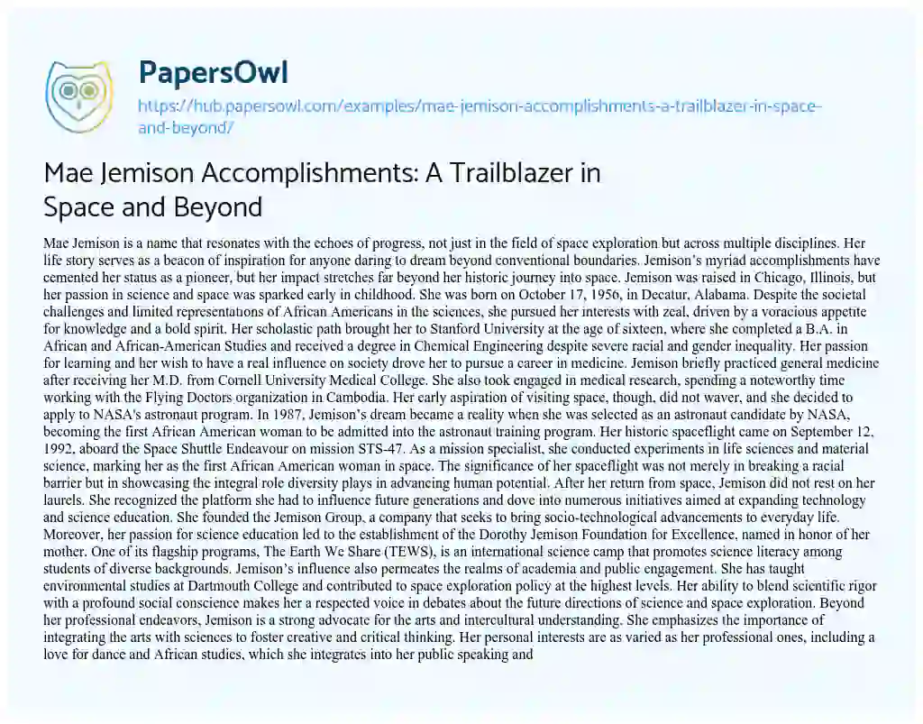 Essay on Mae Jemison Accomplishments: A Trailblazer in Space and Beyond