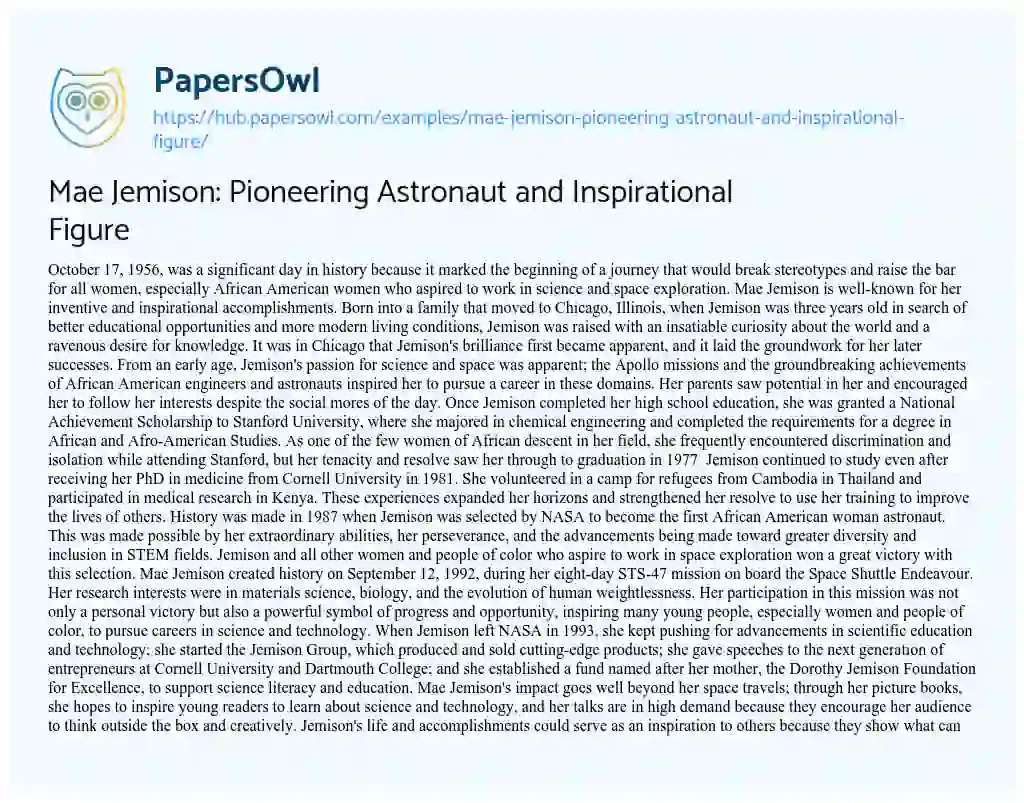 Essay on Mae Jemison: Pioneering Astronaut and Inspirational Figure
