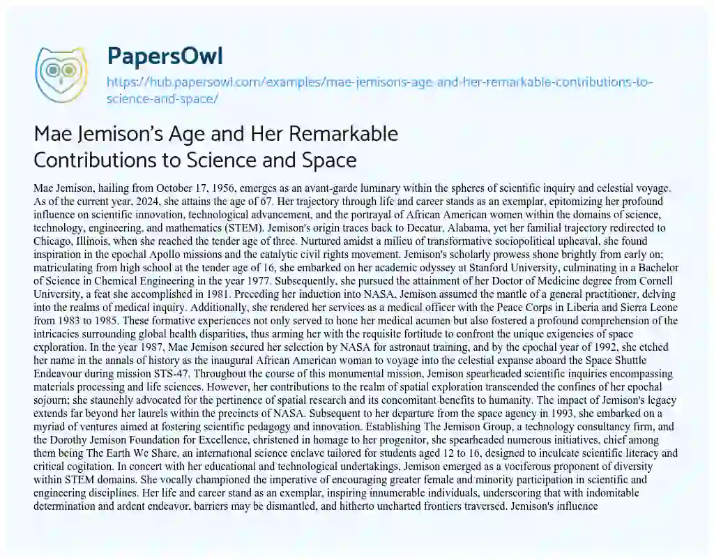 Essay on Mae Jemison’s Age and Her Remarkable Contributions to Science and Space