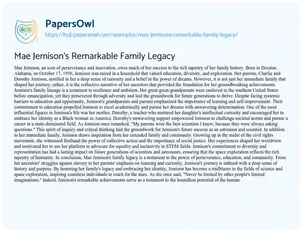 Essay on Mae Jemison’s Remarkable Family Legacy