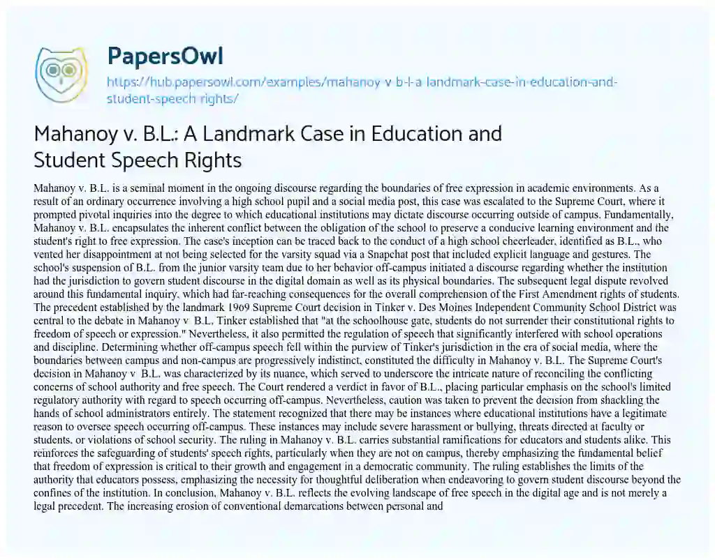 Essay on Mahanoy v. B.L.: A Landmark Case in Education and Student Speech Rights