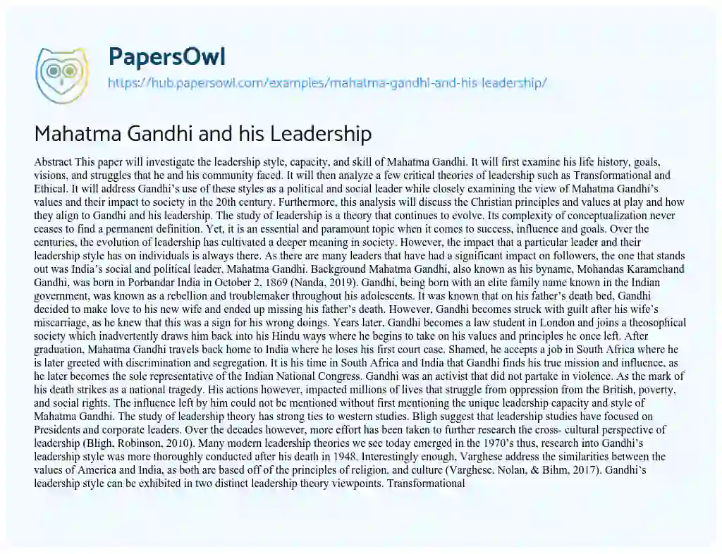 Essay on Mahatma Gandhi and his Leadership