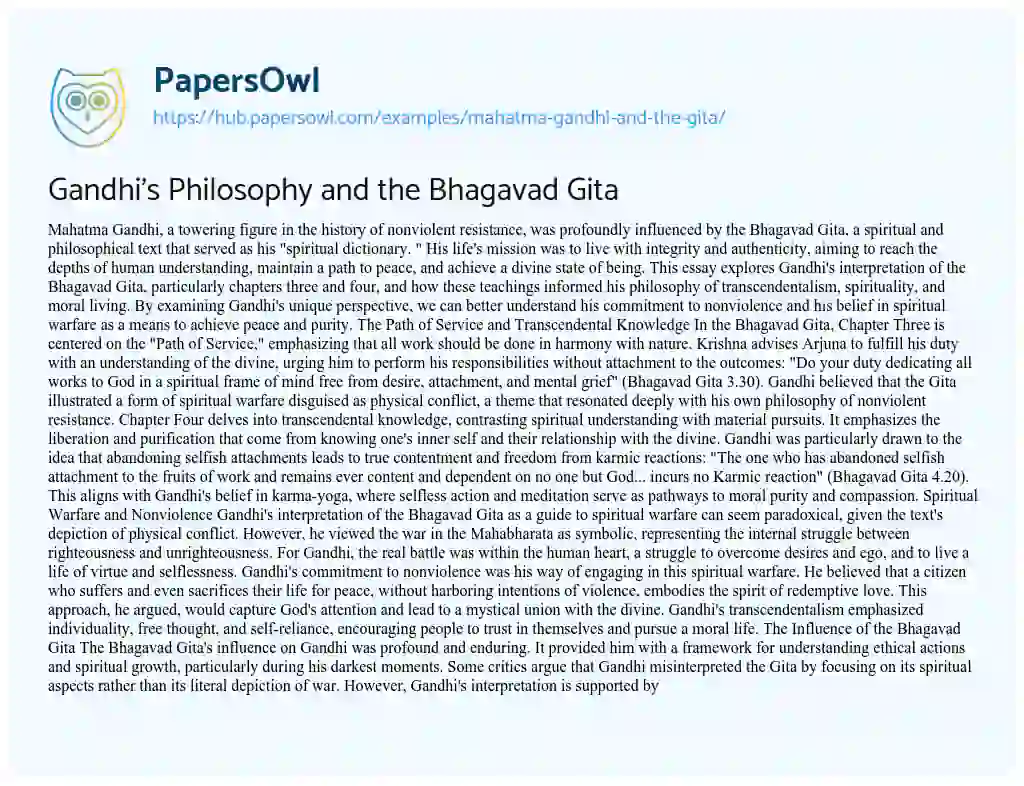 Essay on Gandhi’s Philosophy and the Bhagavad Gita