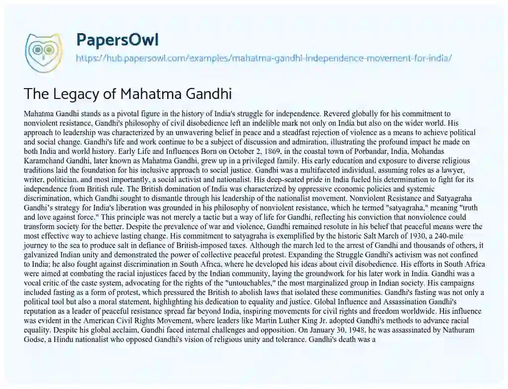 Essay on The Legacy of Mahatma Gandhi
