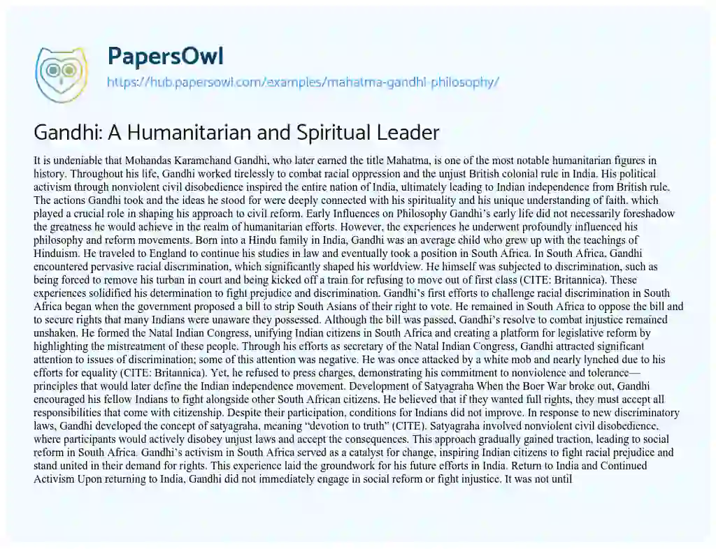 Essay on Gandhi: A Humanitarian and Spiritual Leader