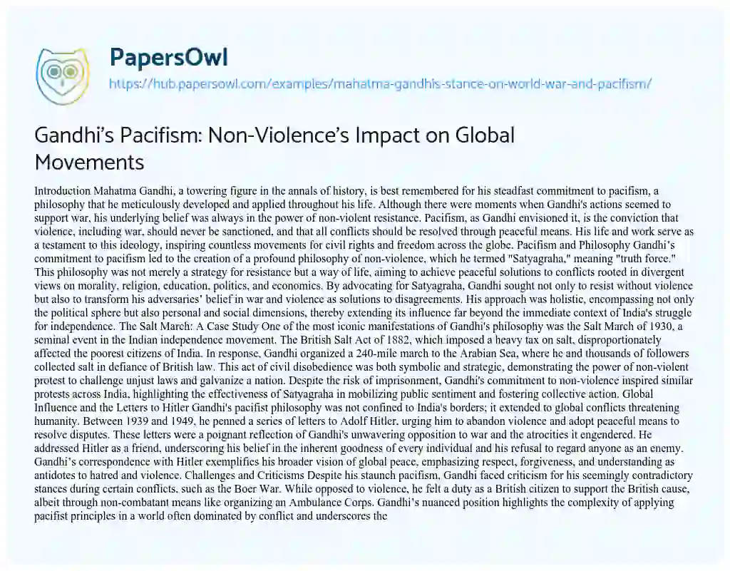 Essay on Gandhi’s Pacifism: Non-Violence’s Impact on Global Movements