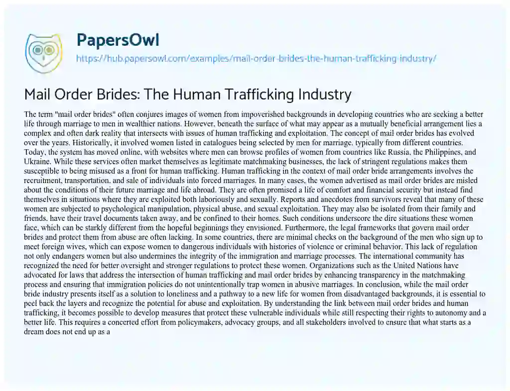 Essay on Mail Order Brides: The Human Trafficking Industry