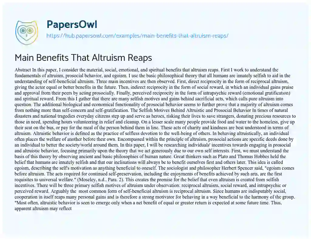 Essay on Main Benefits That Altruism Reaps