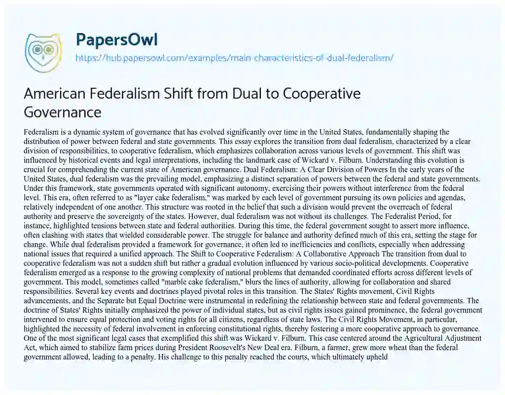 Essay on American Federalism Shift from Dual to Cooperative Governance