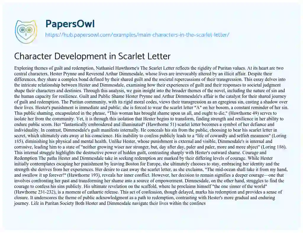 Essay on Character Development in Scarlet Letter